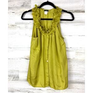 J.Crew Womens Small Olive Green Silk Ruffle Neck Sleeveless Button Up Blouse